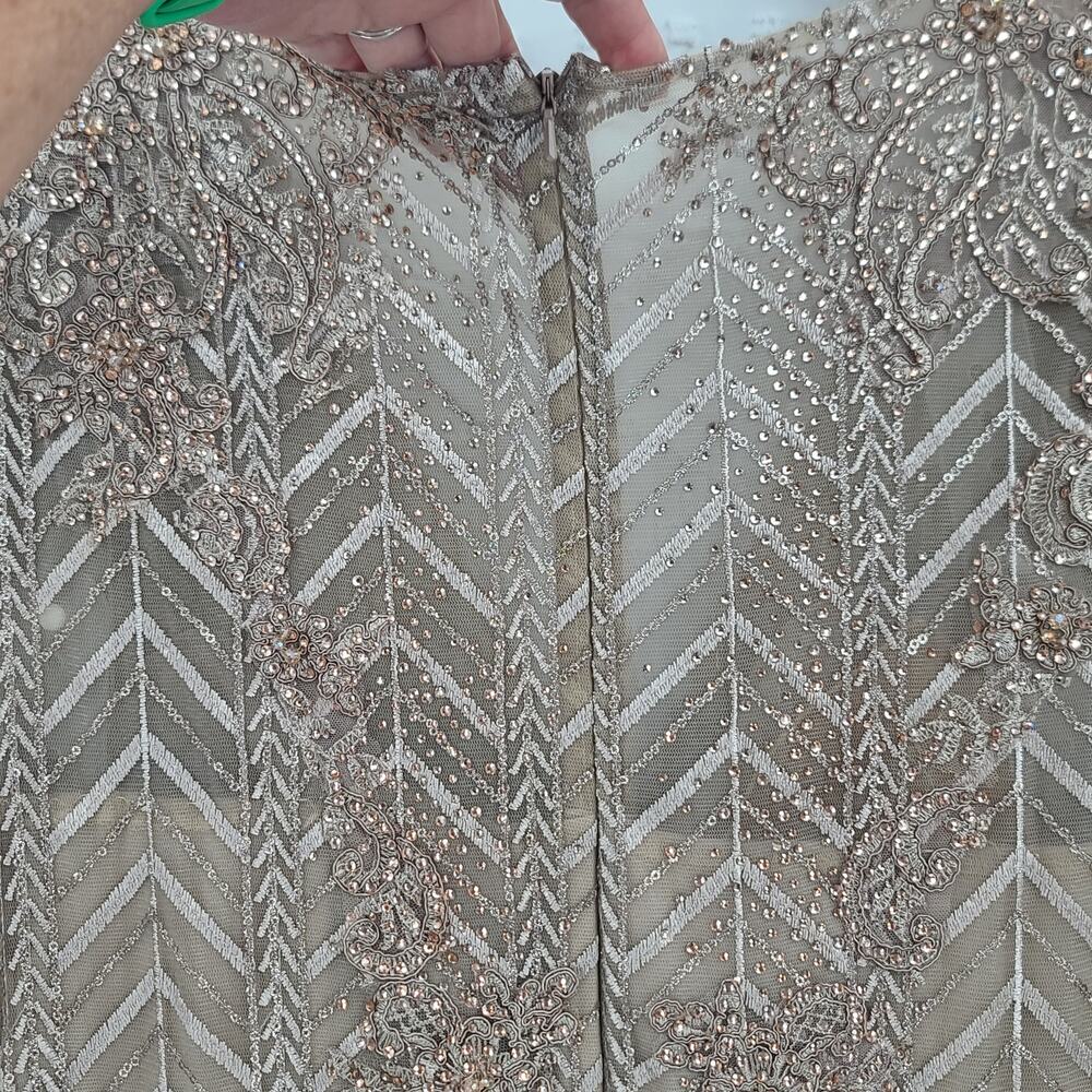 Mac Duggal 20189 Chevron Embellished Long Sleeve Gown Taupe Size 16 Formal - Picture 8 of 16